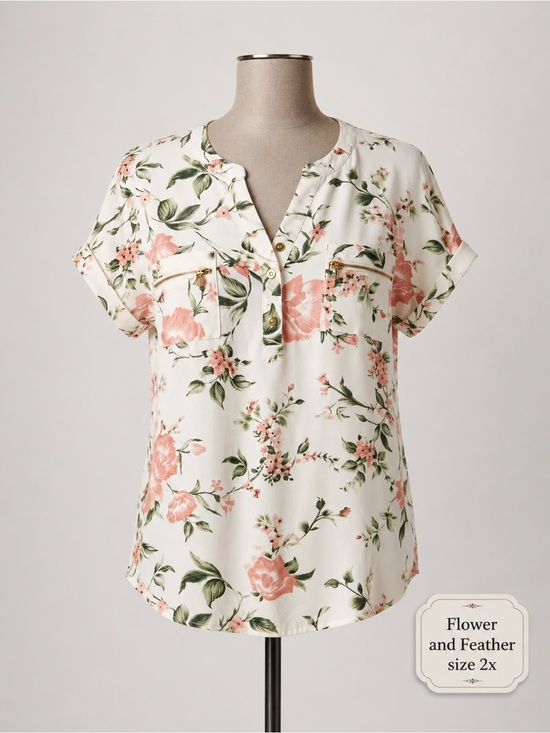 Flowers & Feather Tops - White Floral Henley Blouse - 2X